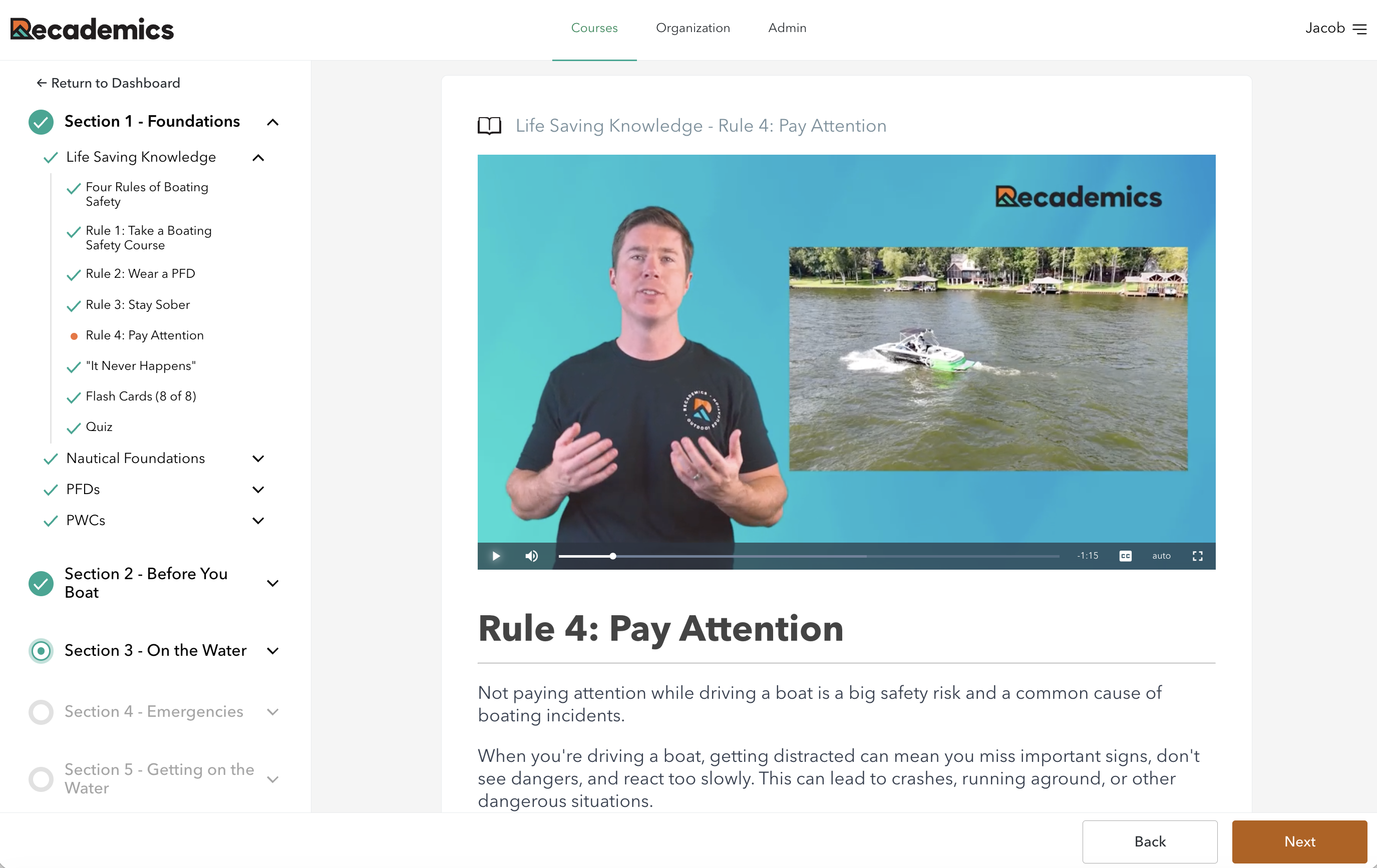 Recademics course player showing a video lesson titled 'Rule 4: Pay Attention' with a sidebar that lists the current section and modules.